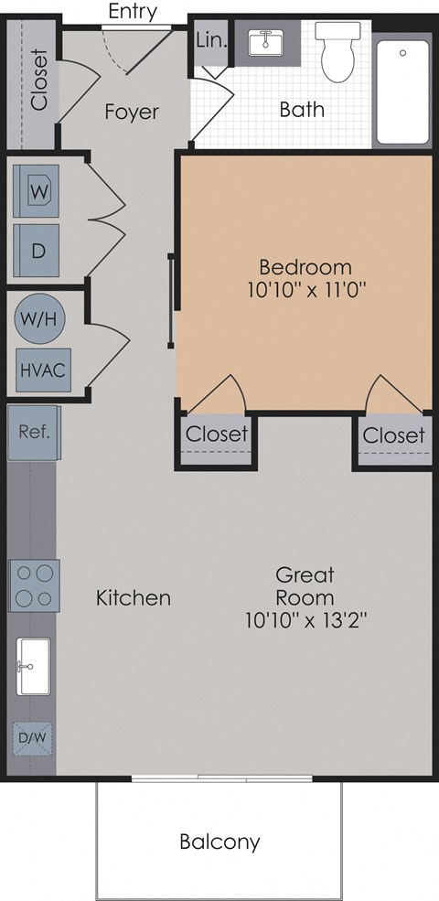 Floor plan for 1 bed, 1 bath, 648 sqft